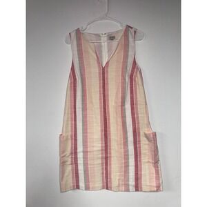 Cremieux Womens Pink Striped Cotton V-Neck Shift Dress with Pockets Size M